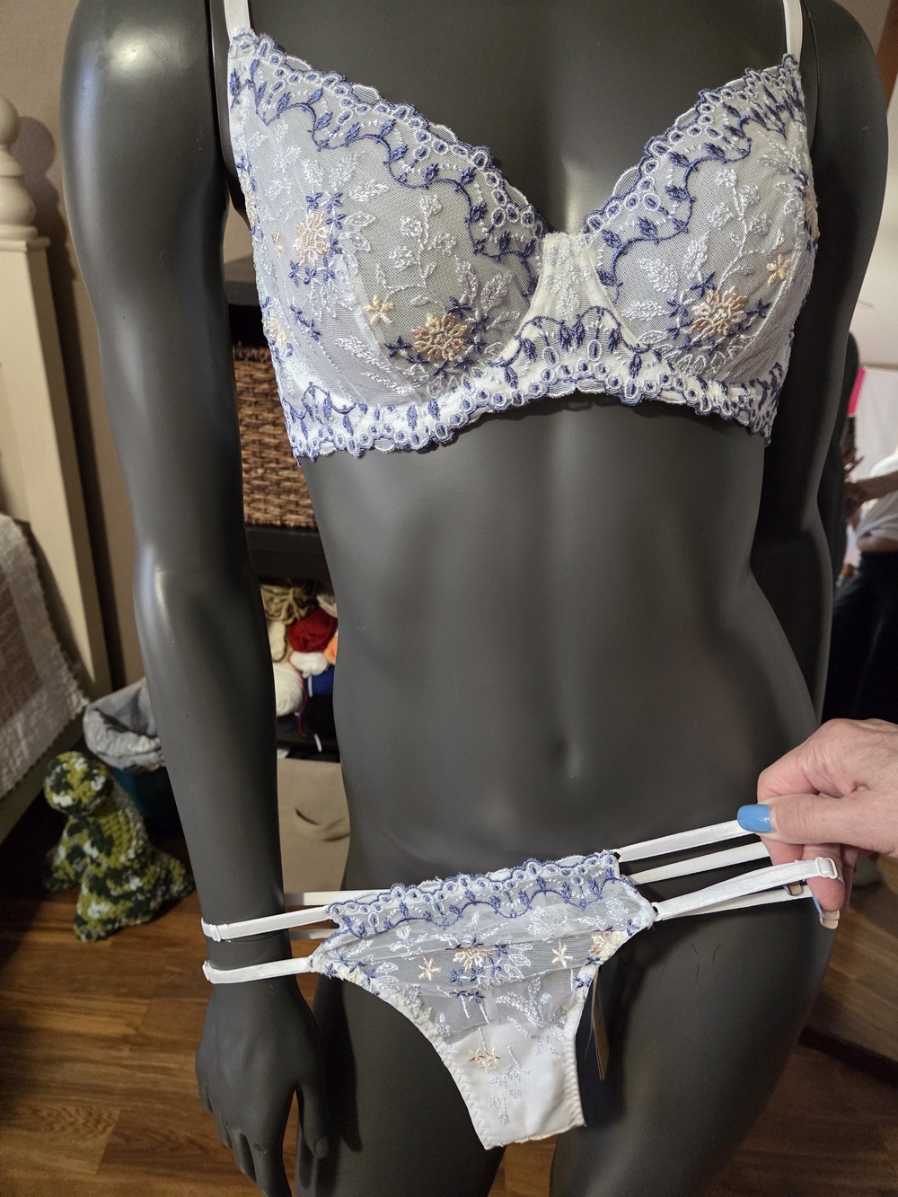 Cosabella Light Blue & Navy Lace Embroidered Bra and Strappy Thong